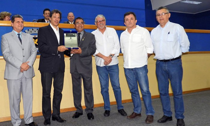 Haddad com Zeca, Ayrton, Vander e Agamenon do Prado (presidente do PT na Capital) na C&acirc;mara Municipal
