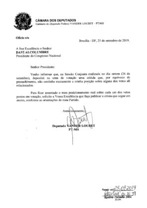 Ofício enviado por Vander ao presidente do Senado