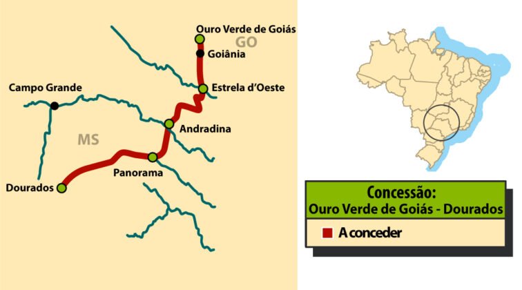 Tra&ccedil;ado do projeto da ferrovia entre Estrela d'Oeste e Dourados