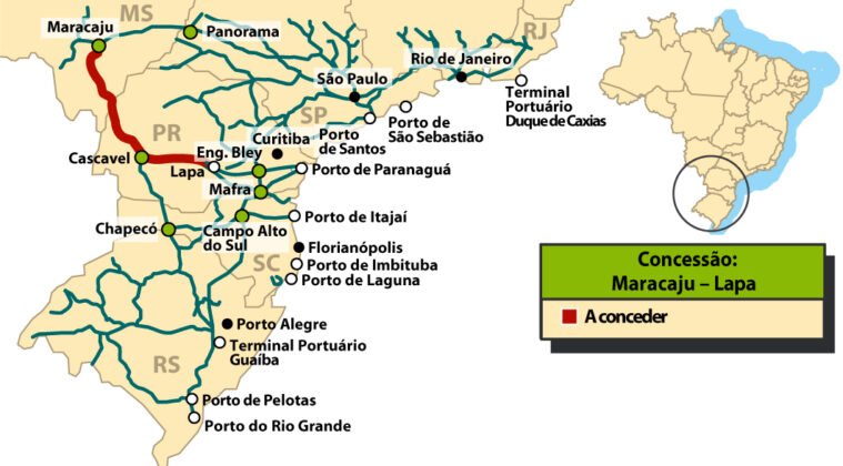 Tra&ccedil;ado do projeto da ferrovia entre Lapa e Maracaju