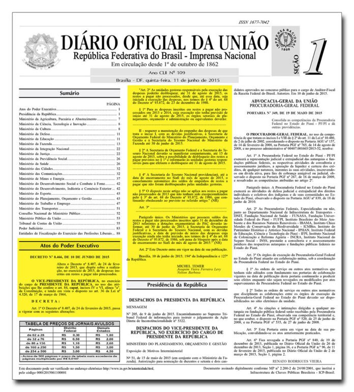 Edição do DOU com o Decreto 8.466/2015