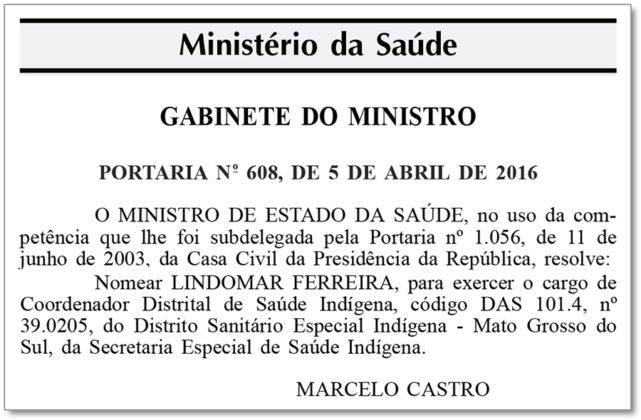 Portaria do Minist&eacute;rio da Sa&uacute;de com a nomea&ccedil;&atilde;o de Lindomar