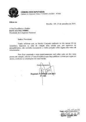 Of&iacute;cio enviado por Vander ao presidente do Senado