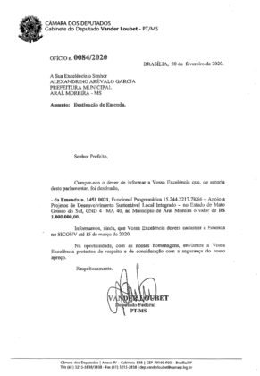 Of&iacute;cio do deputado Vander que confirmou a emenda para Aral Moreira
